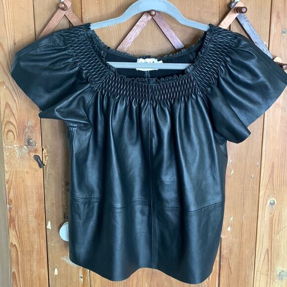 Tanya Taylor black elastic smocked leather top - Picture 1 of 7